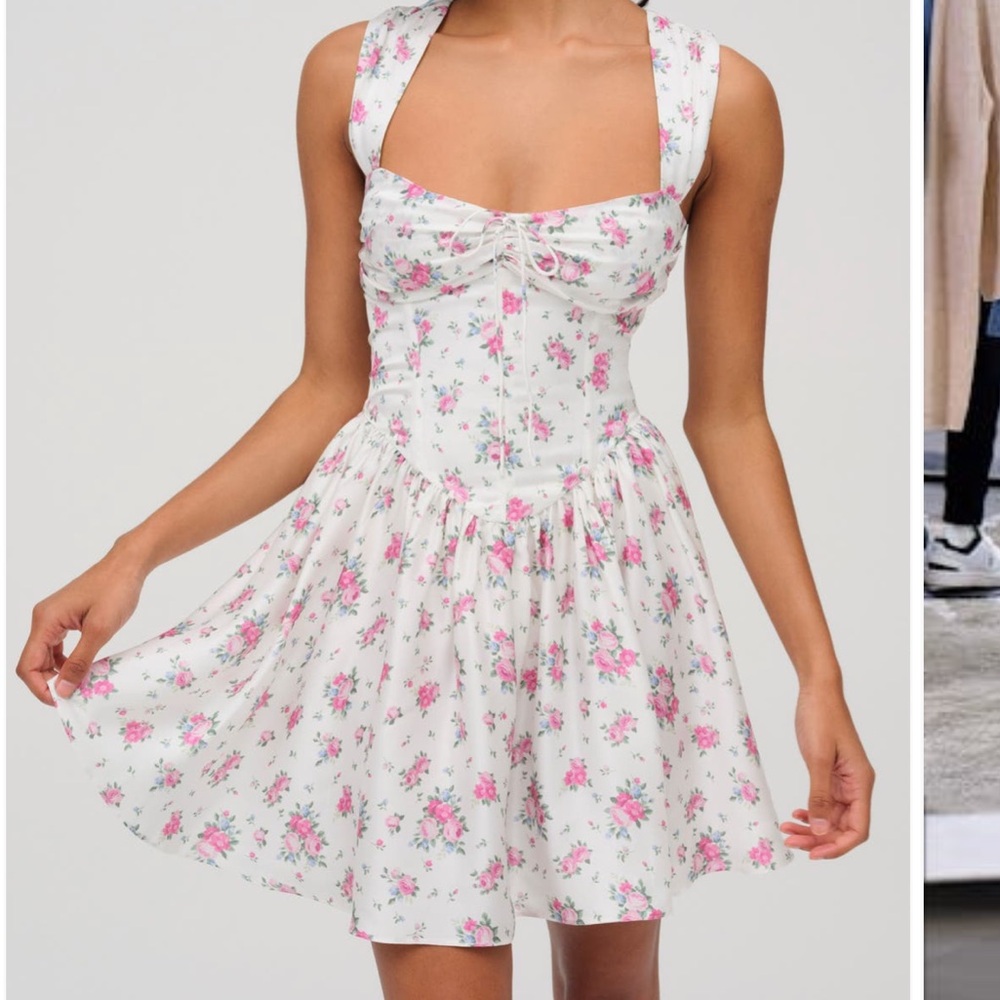 For Love & Lemons White Floral Backless Mini Dress with Pink Roses